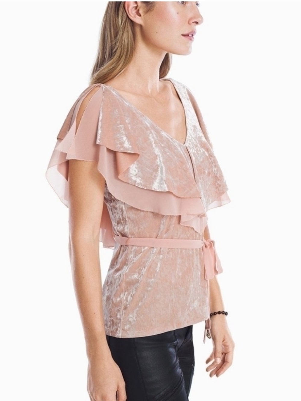 NWOT Blush Pink Velvet Ruffle Tie-Waist Blouse by White House Black Market - Picture 3 of 9